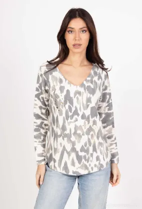 Khakifarbener Pullover mit V-Ausschnitt und Animal-Print