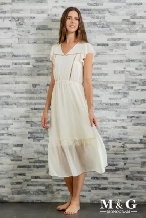 Kleid mit V-Ausschnitt und kleinem Tupfenmuster mit Spitze