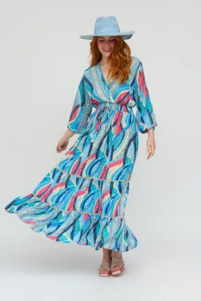 Langes, bedrucktes Kleid mit V-Ausschnitt und 3/4-Ärmeln, Ref. SKAN24620