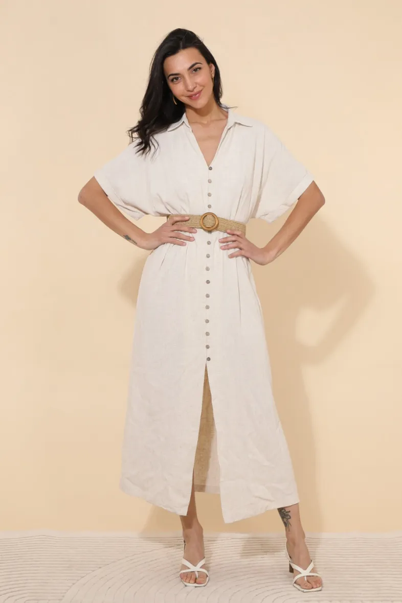 Langes, schlichtes, fließendes Kleid mit Knöpfen und Gürtel ESMELDA