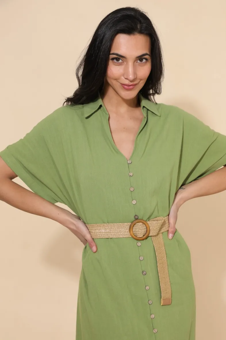 Langes, schlichtes, fließendes Kleid mit Knöpfen und Gürtel ESMELDA