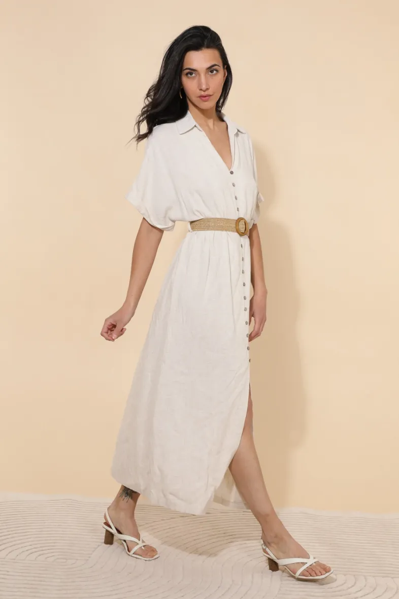 Langes, schlichtes, fließendes Kleid mit Knöpfen und Gürtel ESMELDA