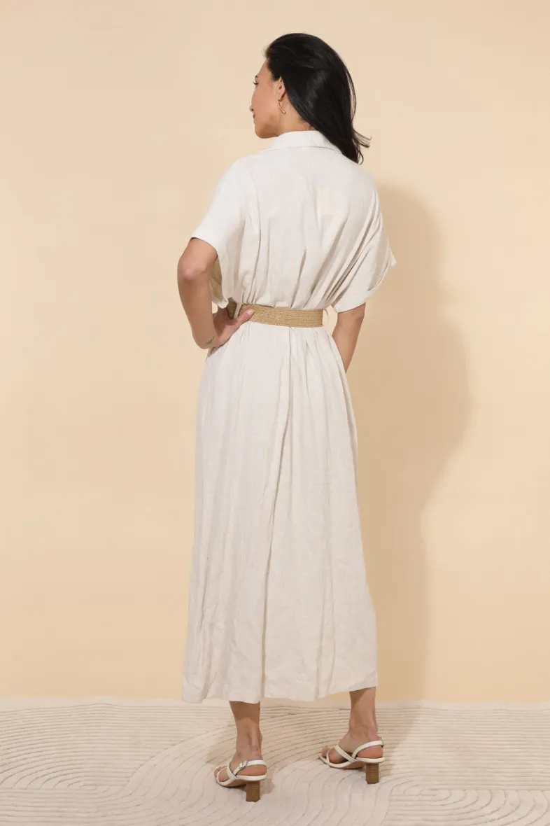 Langes, schlichtes, fließendes Kleid mit Knöpfen und Gürtel ESMELDA