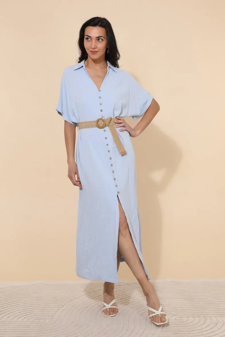 Langes, schlichtes, fließendes Kleid mit Knöpfen und Gürtel ESMELDA
