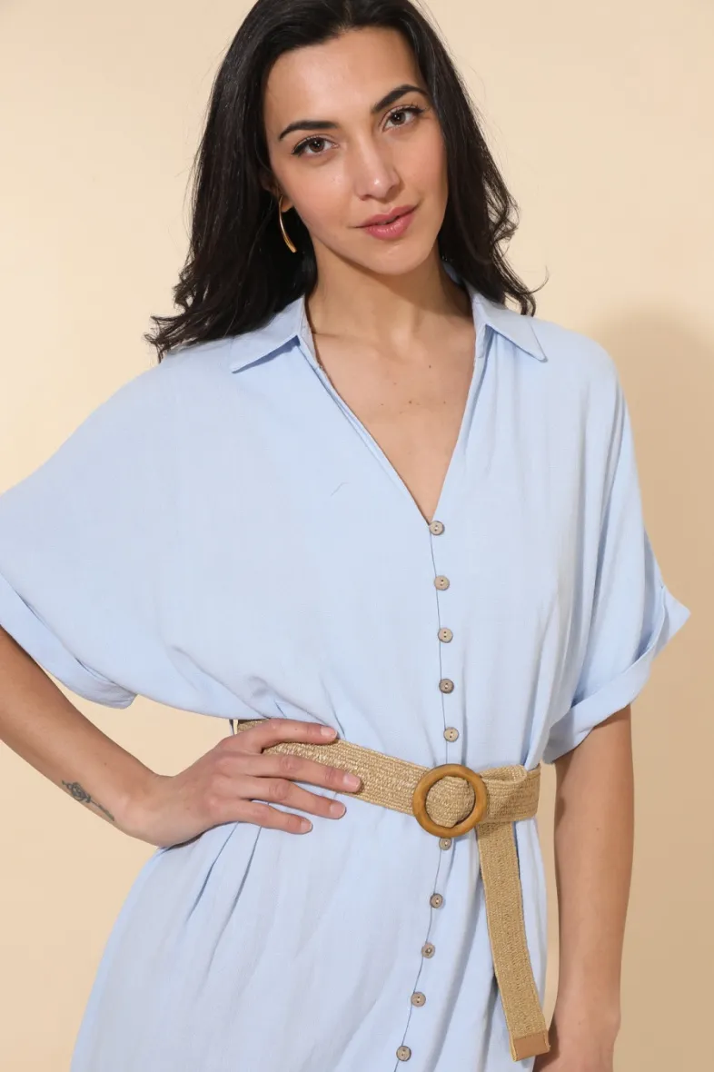 Langes, schlichtes, fließendes Kleid mit Knöpfen und Gürtel ESMELDA