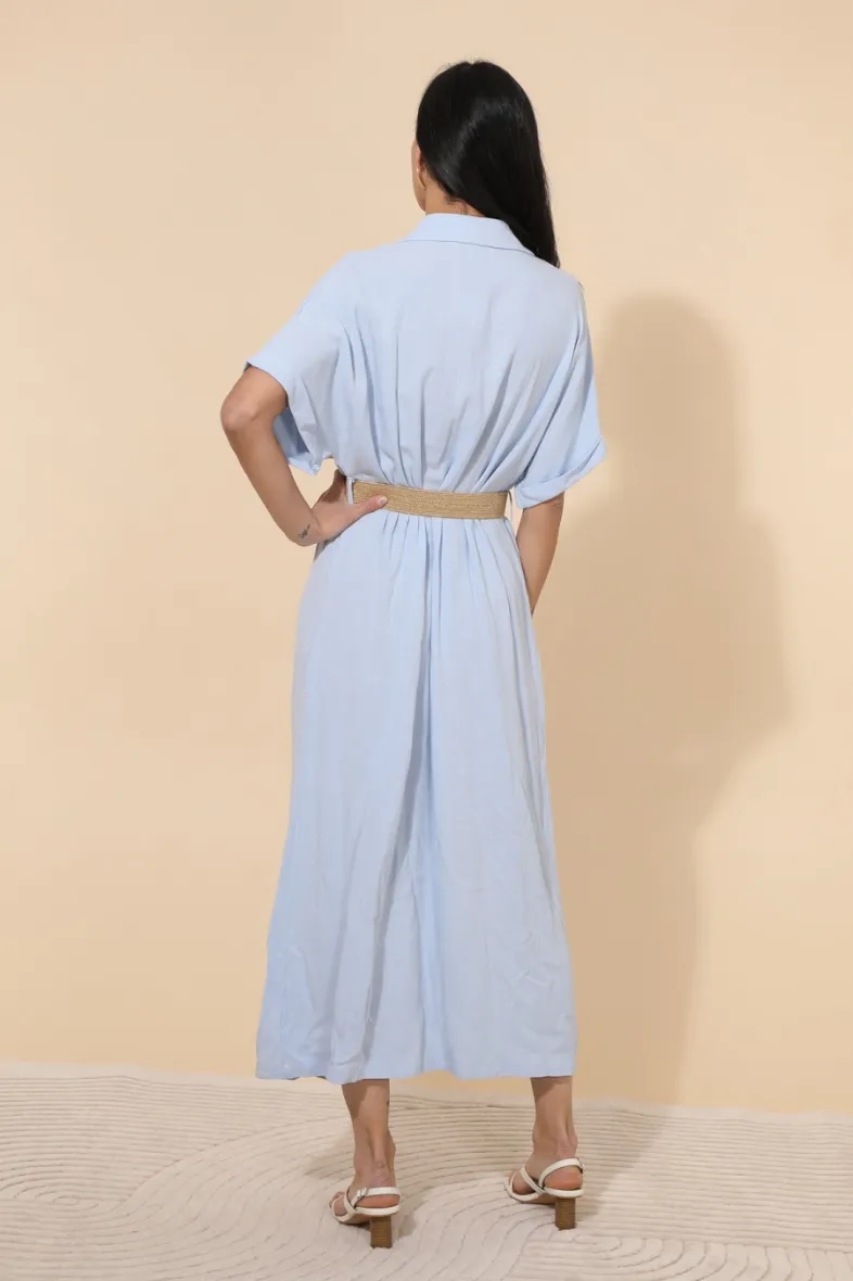 Langes, schlichtes, fließendes Kleid mit Knöpfen und Gürtel ESMELDA