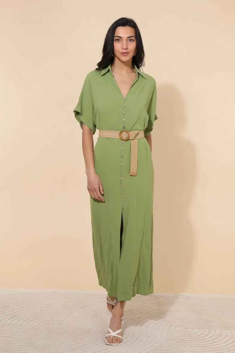 Langes, schlichtes, fließendes Kleid mit Knöpfen und Gürtel ESMELDA