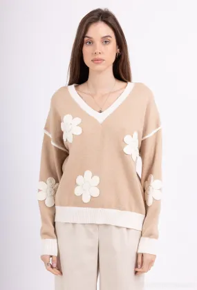 Pullover mit V-Ausschnitt und Blumenapplikationen PATIENCE