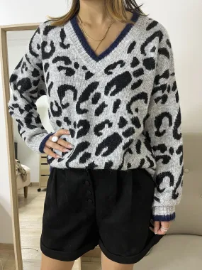 Pullover mit V-Ausschnitt und Leopardenmuster
