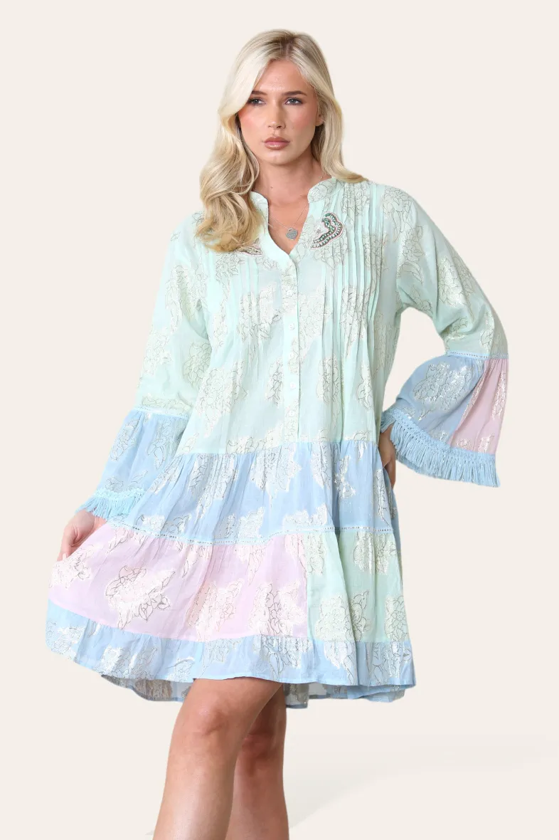 Schlichtes kurzes Kleid, zweifarbig, goldenes Blumenmuster, Bohemian REF-3098