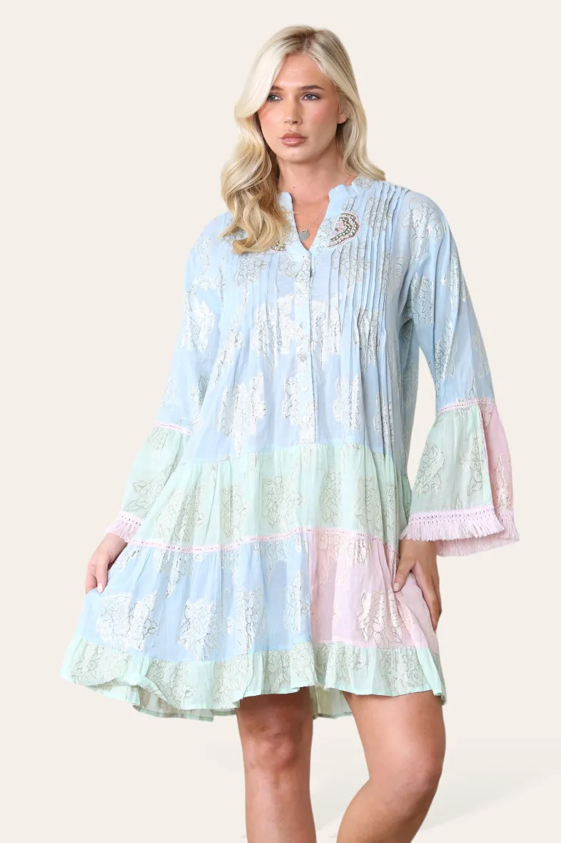Schlichtes kurzes Kleid, zweifarbig, goldenes Blumenmuster, Bohemian REF-3098