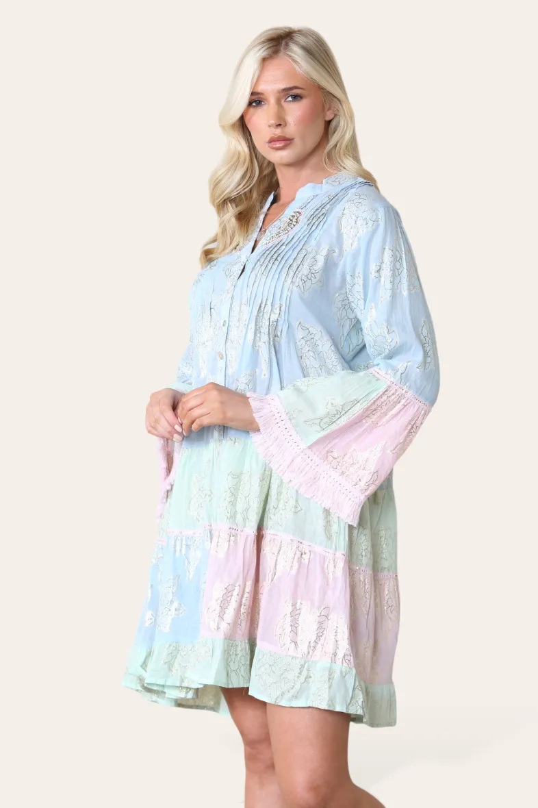 Schlichtes kurzes Kleid, zweifarbig, goldenes Blumenmuster, Bohemian REF-3098