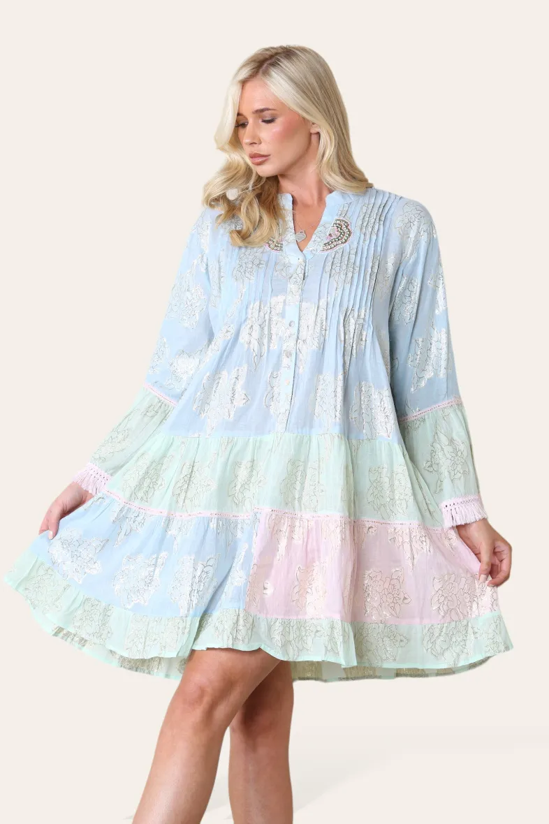 Schlichtes kurzes Kleid, zweifarbig, goldenes Blumenmuster, Bohemian REF-3098