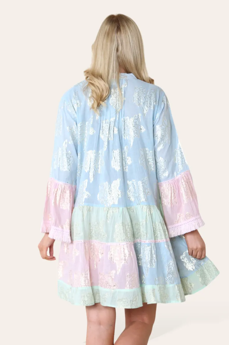 Schlichtes kurzes Kleid, zweifarbig, goldenes Blumenmuster, Bohemian REF-3098