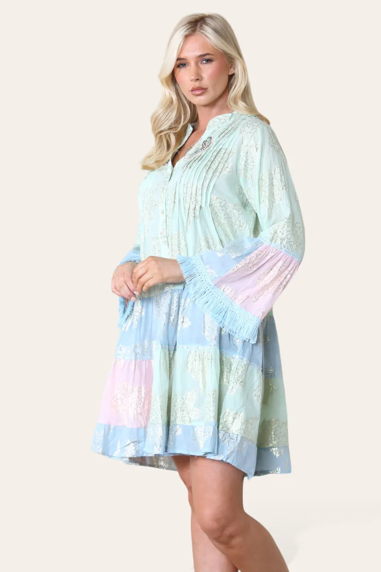 Schlichtes kurzes Kleid, zweifarbig, goldenes Blumenmuster, Bohemian REF-3098