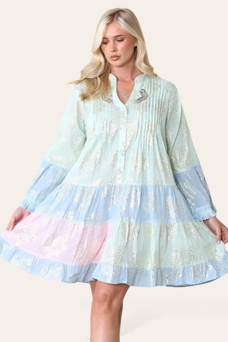 Schlichtes kurzes Kleid, zweifarbig, goldenes Blumenmuster, Bohemian REF-3098