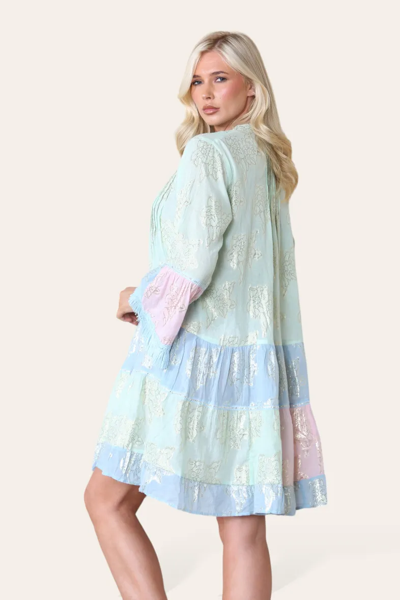 Schlichtes kurzes Kleid, zweifarbig, goldenes Blumenmuster, Bohemian REF-3098