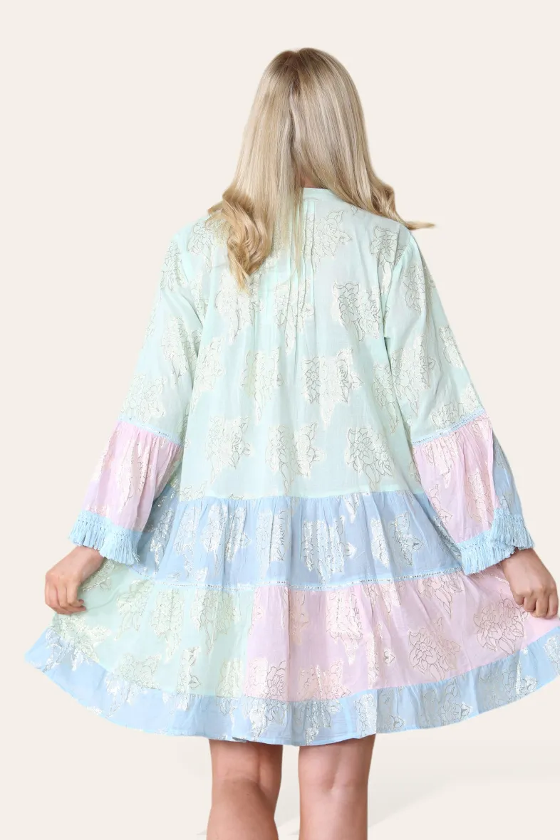 Schlichtes kurzes Kleid, zweifarbig, goldenes Blumenmuster, Bohemian REF-3098