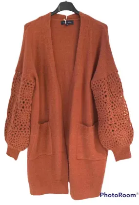 Very soft mid-length cardigan. crochet work on the sleeves